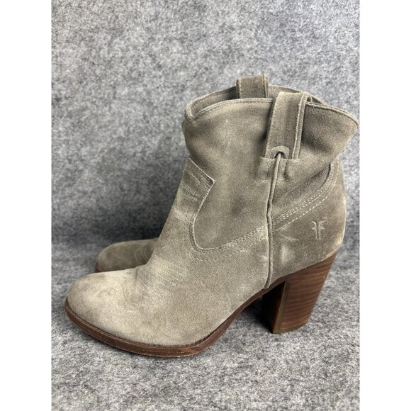 Frye Boots Womens Size 7 Taupe Suede Western Ankle Block Heel Pull On Cowboy - Picture 1 of 8